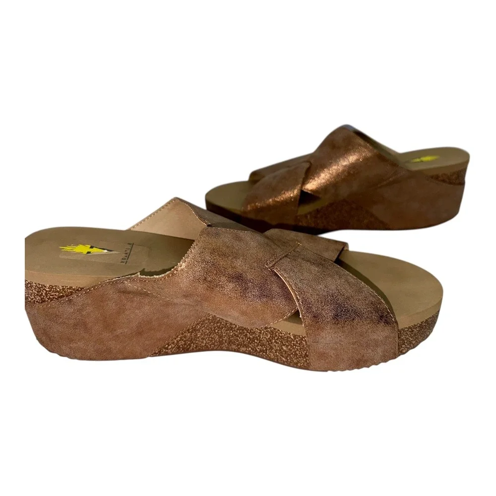 Volatile Cork Wedge Slide Sandals Metallic Bronze‎ Boho Comfort Womens 10
